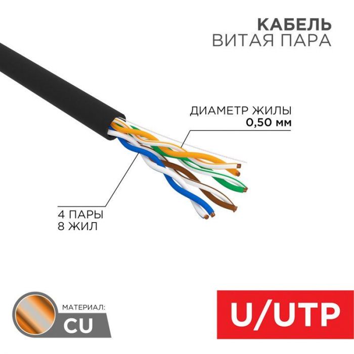 Кабель витая пара U/UTP 4х2х24AWG кат.5E solid CU PE Outdoor черн. (м) Rexant 01-0045