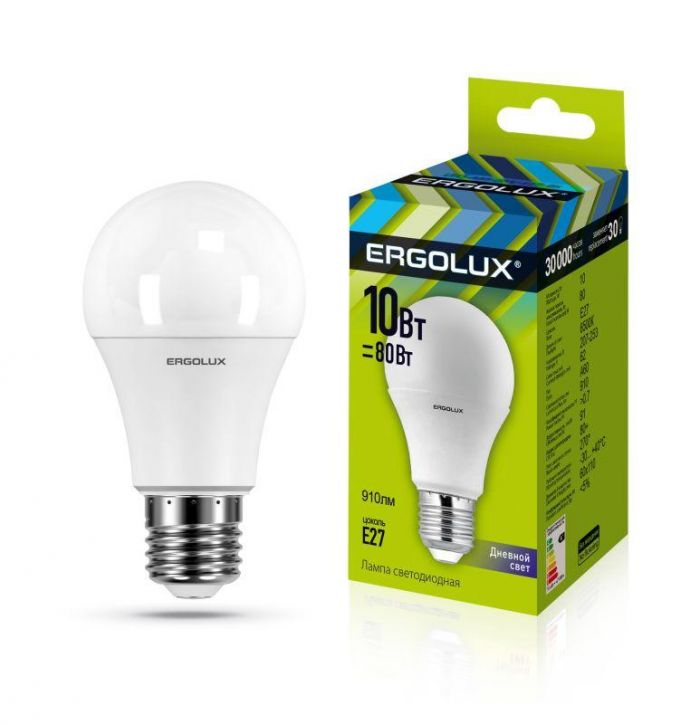 Лампа светодиодная LED-A60-10W-E27-6500K грушевидная ЛОН 172-265В Ergolux 12879