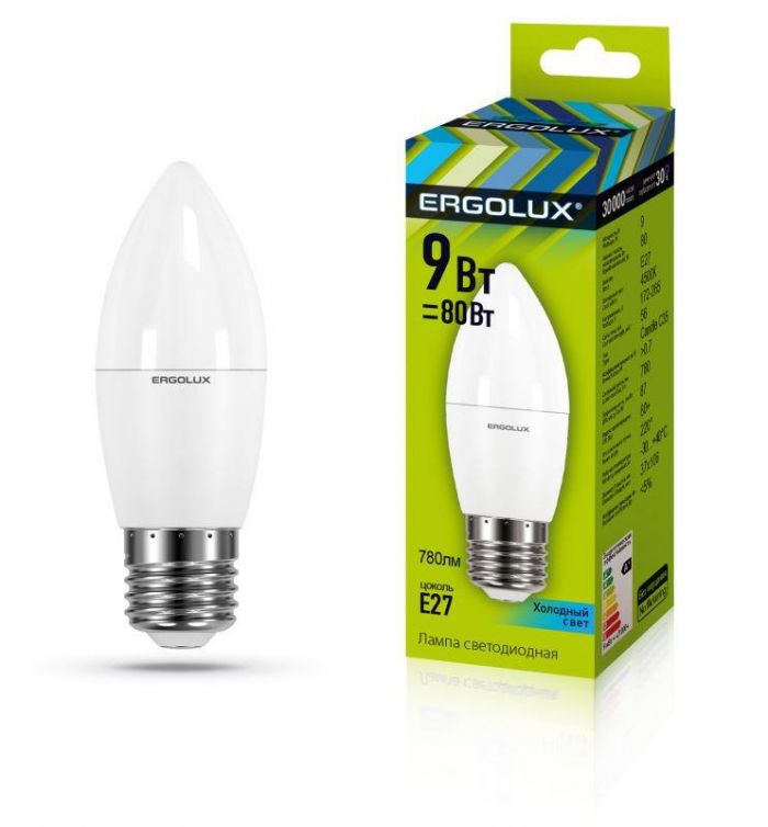 Лампа светодиодная LED-C35-9W-E27-4К Свеча 9Вт E27 4000К 172-265В Ergolux 13171