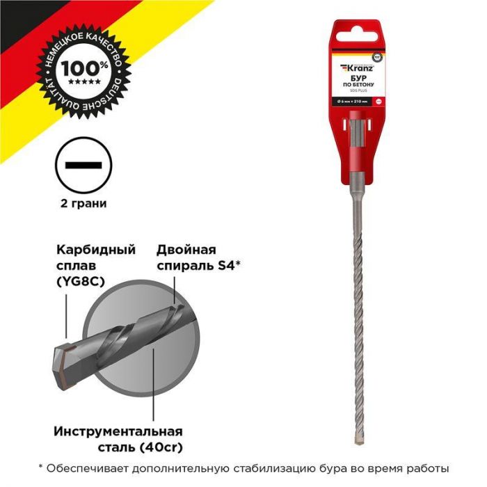 Бур по бетону 6x210мм SDS PLUS Kranz KR-91-0017